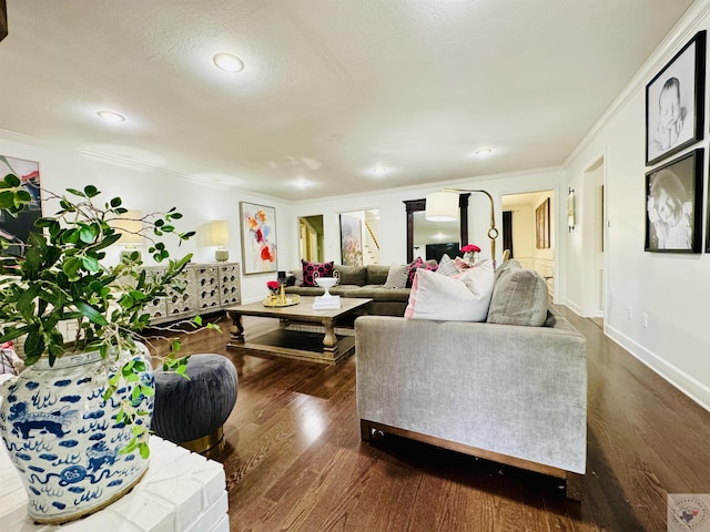 living room with a textured ceiling, dark hardwood / wood-style flooring, and crown molding