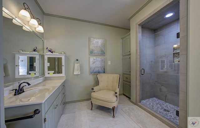 bathroom with tile patterned floors, crown molding, an enclosed shower, and vanity