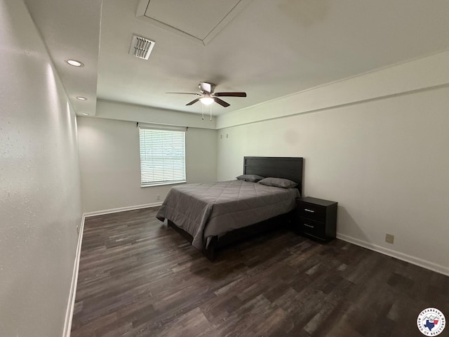 202 Mehaffey Dr, Dekalb, TX 75559 - bedroom with dark wood finished floors, baseboards, a ceiling fan, and recessed lighting