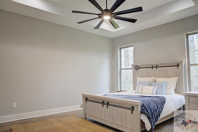 bedroom featuring multiple windows, dark hardwood / wood-style floors, and ceiling fan