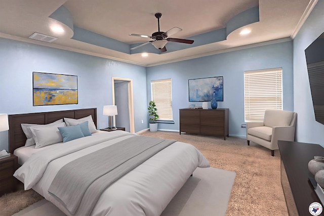 7 Coppercreek Cir, Texarkana, TX 75503 - bedroom with recessed lighting, light carpet, a tray ceiling, ornamental molding, and baseboards