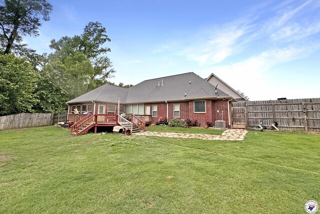 7 Coppercreek Cir, Texarkana, TX 75503 - back of property featuring a deck, brick siding, central AC unit, and stairs