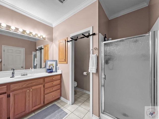 bathroom with vanity, tile patterned flooring, an enclosed shower, and ornamental molding