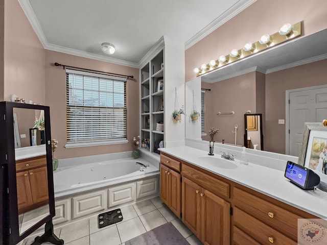 bathroom with vanity, a tub, crown molding, and tile patterned flooring