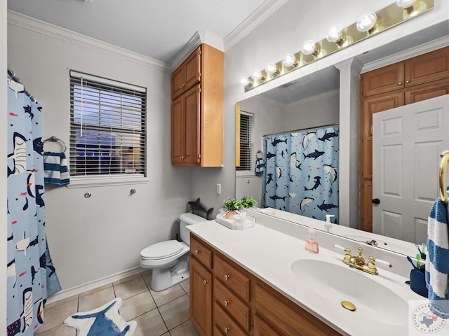 bathroom with toilet, crown molding, tile patterned flooring, a shower with shower curtain, and vanity