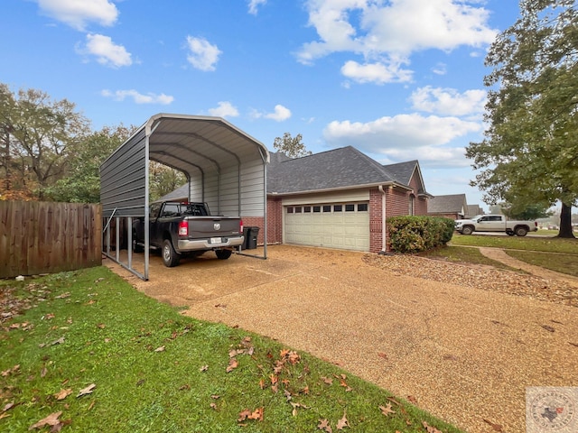 view of home's exterior featuring a garage, a yard, and a carport