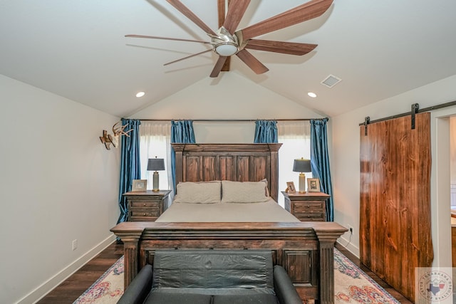 bedroom with wood finished floors, lofted ceiling with beams, ceiling fan, baseboards, and visible vents