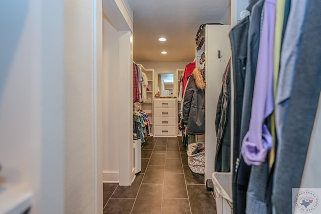spacious closet with dark tile patterned floors