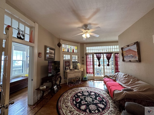 living room with hardwood / wood-style floors, a healthy amount of sunlight, and a textured ceiling