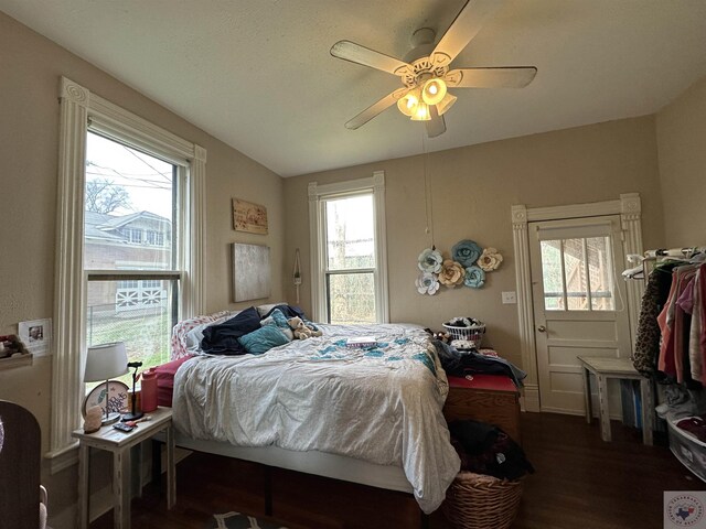 bedroom featuring dark hardwood / wood-style floors and ceiling fan