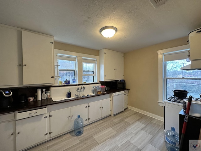 kitchen with plenty of natural light, white cabinetry, dishwasher, and a textured ceiling