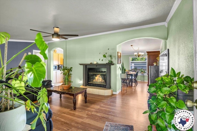 2520 County Road 326, W, TX 75706 - living area featuring arched walkways, crown molding, wood finished floors, a glass covered fireplace, and a ceiling fan