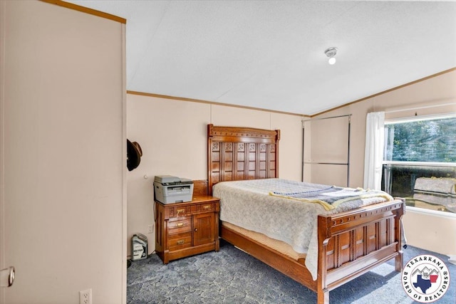 2520 County Road 326, W, TX 75706 - carpeted bedroom with ornamental molding and vaulted ceiling
