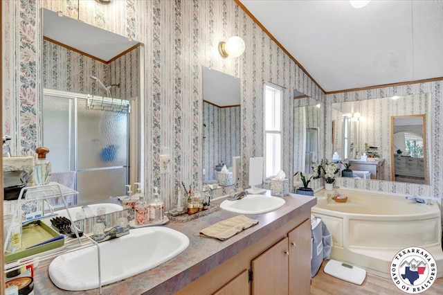 2520 County Road 326, W, TX 75706 - full bath with wallpapered walls, crown molding, a stall shower, lofted ceiling, and a garden tub