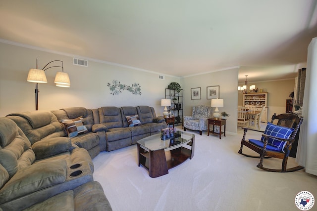 1302 Canadian St, Texarkana, TX 75503 - living room featuring a chandelier, ornamental molding, and light colored carpet