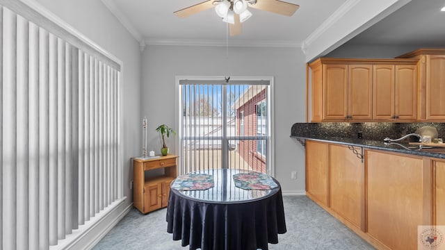 7207 N Richland Dr, Texarkana, TX 75503 - interior space with light carpet, baseboards, crown molding, and ceiling fan