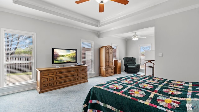 7207 N Richland Dr, Texarkana, TX 75503 - bedroom with carpet, a raised ceiling, crown molding, and a ceiling fan