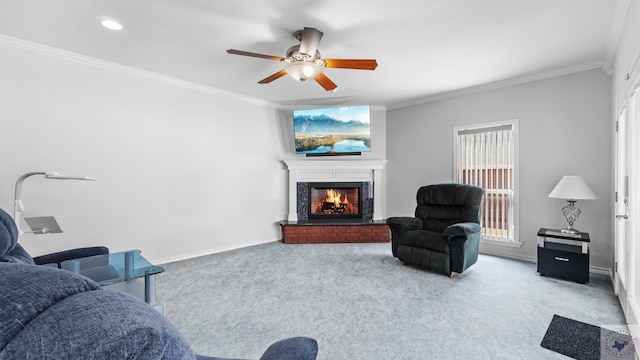 7207 N Richland Dr, Texarkana, TX 75503 - living area with carpet flooring, ceiling fan, crown molding, and a lit fireplace