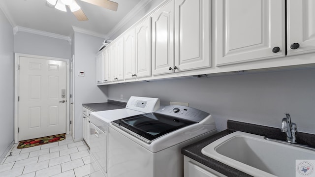 7207 N Richland Dr, Texarkana, TX 75503 - laundry area featuring a ceiling fan, cabinet space, separate washer and dryer, a sink, and crown molding