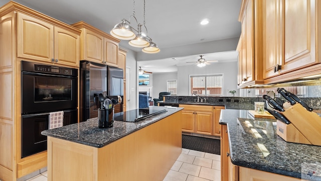 7207 N Richland Dr, Texarkana, TX 75503 - kitchen featuring light brown cabinets, black appliances, a ceiling fan, and a sink