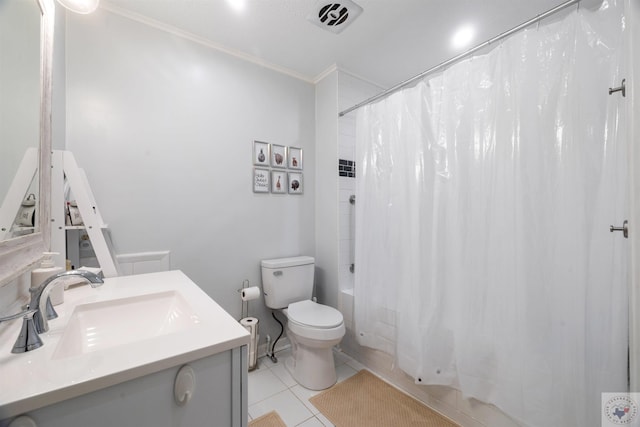 full bathroom with tile patterned flooring, vanity, shower / tub combo, toilet, and ornamental molding