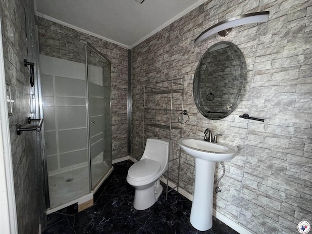 909 Pacific Ave, Wake Village, TX 75501 - bathroom with crown molding, toilet, a stall shower, a sink, and marble finish floors
