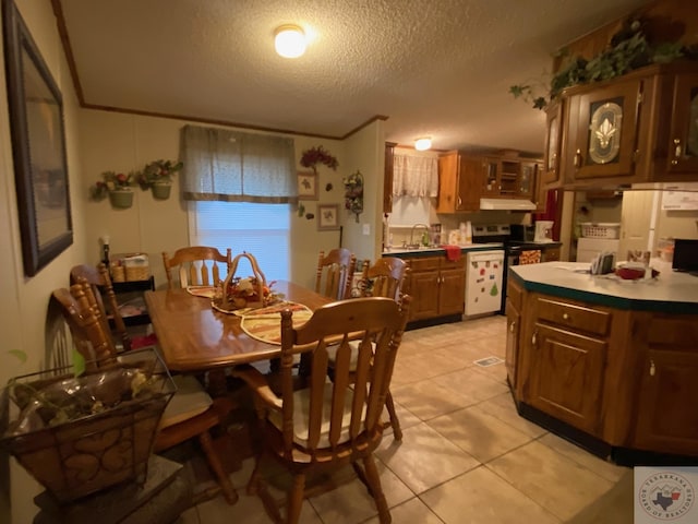 dining space with sink, a textured ceiling, light tile patterned floors, and crown molding