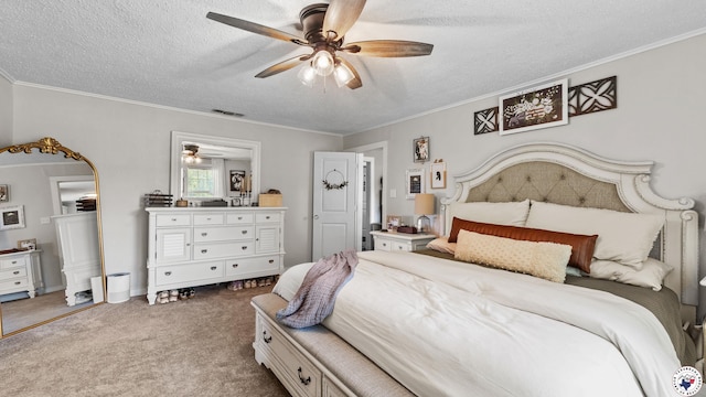 9216 W 7th St, Redwater, TX 75501 - carpeted bedroom featuring a textured ceiling, ceiling fan, and crown molding
