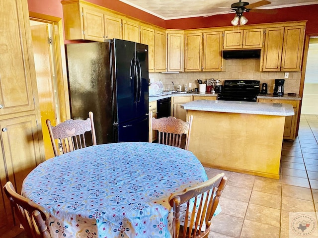 kitchen with ceiling fan, light tile patterned flooring, a center island, black appliances, and decorative backsplash