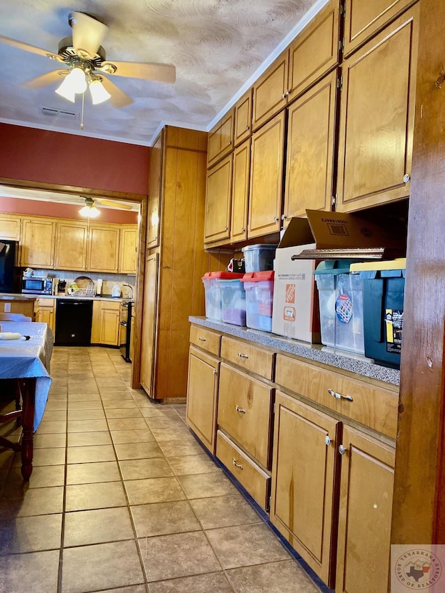 kitchen with ceiling fan, light tile patterned floors, black dishwasher, and crown molding