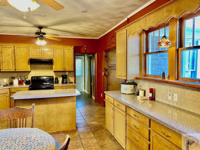 kitchen featuring decorative light fixtures, range hood, black / electric stove, and backsplash