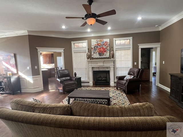 living room featuring ceiling fan, hardwood / wood-style floors, and ornamental molding