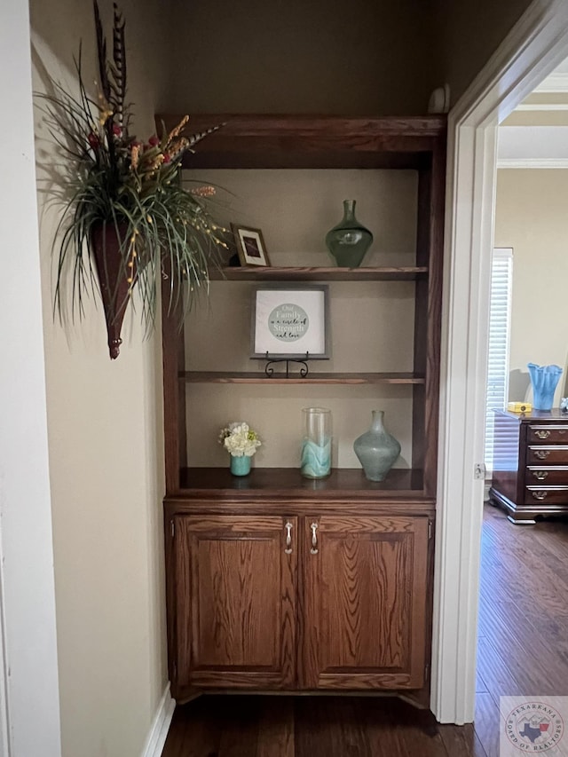 details featuring hardwood / wood-style flooring and crown molding