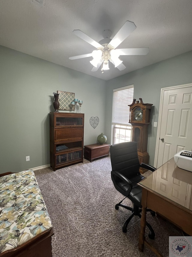 carpeted office space featuring ceiling fan and a textured ceiling