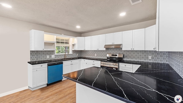 1911 Vanderbilt Rd, Texarkana, AR 71854 - kitchen featuring dishwasher, electric range, under cabinet range hood, open shelves, and light wood finished floors