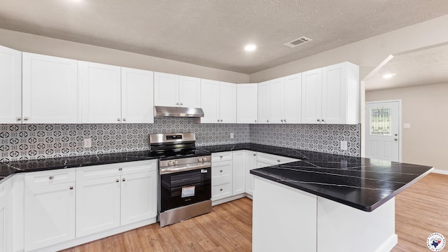1911 Vanderbilt Rd, Texarkana, AR 71854 - kitchen featuring stainless steel electric range, under cabinet range hood, a peninsula, light wood-style flooring, and white cabinetry