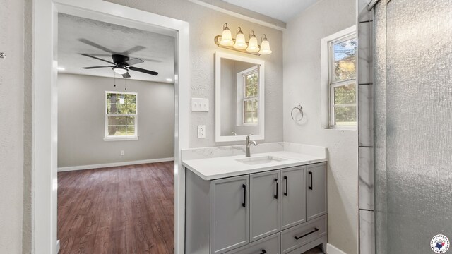 1911 Vanderbilt Rd, Texarkana, AR 71854 - bathroom featuring wood finished floors, vanity, and ceiling fan