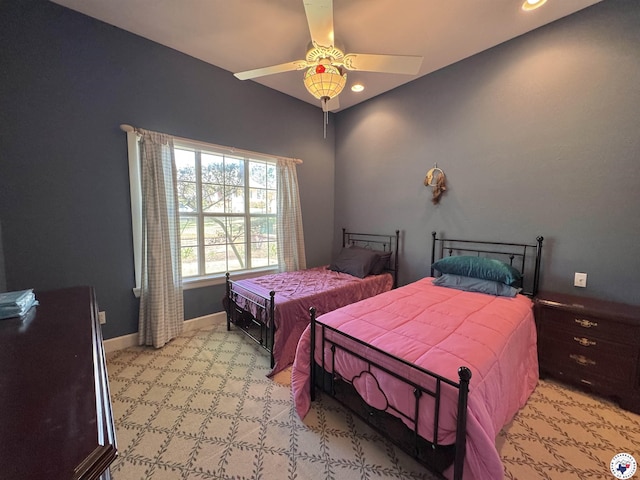 bedroom featuring light colored carpet, ceiling fan, and recessed lighting