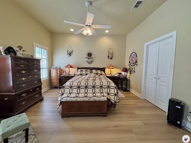 bedroom with recessed lighting, visible vents, baseboards, and light wood-style flooring