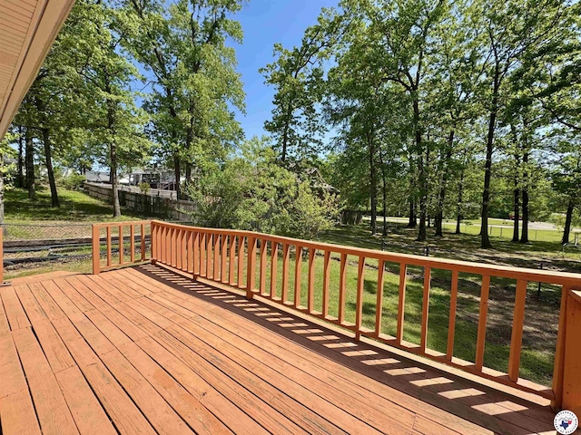 wooden deck with a yard and fence