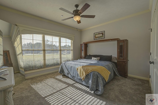 carpeted bedroom with ceiling fan and ornamental molding