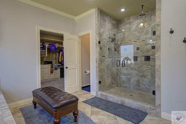 bathroom featuring an enclosed shower, crown molding, and tile patterned flooring