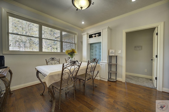 dining room featuring crown molding and dark wood-type flooring