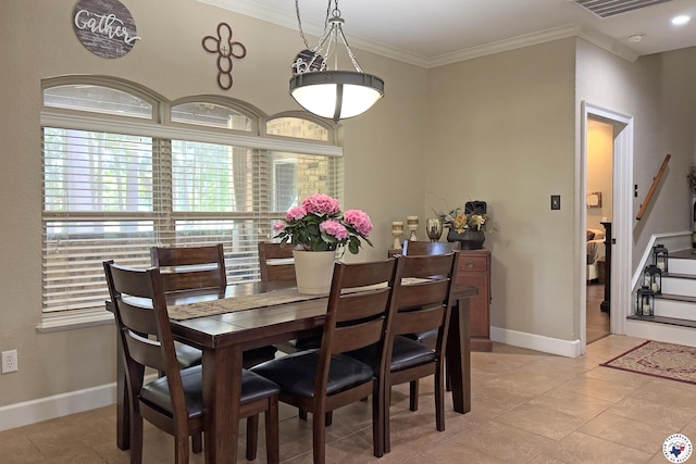 220 Quail Trl, Texarkana, TX 75501 - dining space featuring crown molding, baseboards, light tile patterned floors, and a healthy amount of sunlight