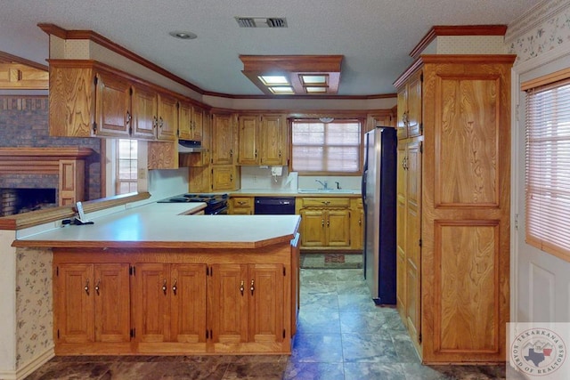 kitchen featuring dishwasher, plenty of natural light, sink, stainless steel fridge, and kitchen peninsula