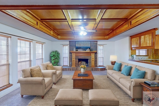 carpeted living room featuring ceiling fan, wood ceiling, and coffered ceiling