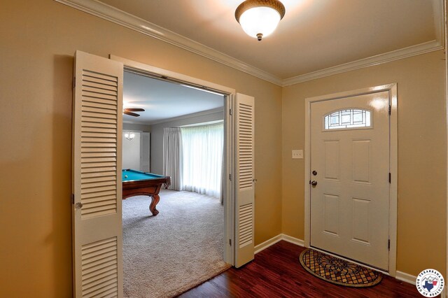 4101 Columbia Ave, Texarkana, TX 75503 - foyer entrance featuring crown molding, pool table, healthy amount of natural light, baseboards, and dark wood-style floors