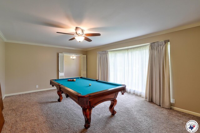 4101 Columbia Ave, Texarkana, TX 75503 - playroom with a ceiling fan, crown molding, billiards table, carpet floors, and baseboards