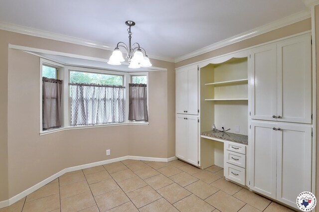 4101 Columbia Ave, Texarkana, TX 75503 - unfurnished dining area with a chandelier, light tile patterned floors, baseboards, and crown molding