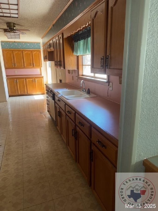 kitchen with a sink, a textured ceiling, ceiling fan, and light countertops